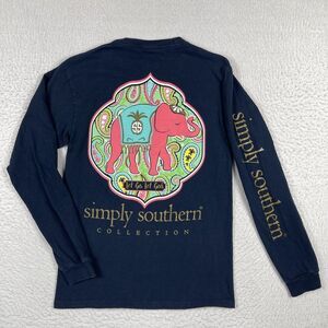 Simply Southern Shirt Womens Small Blue Preppy Pink Elephant Paisley Logo Tee
